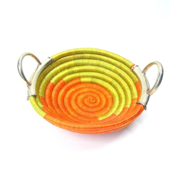 Coiled Woven Bowl Orange & Lime Green w/Silver Metal Handles - Picture 1 of 8
